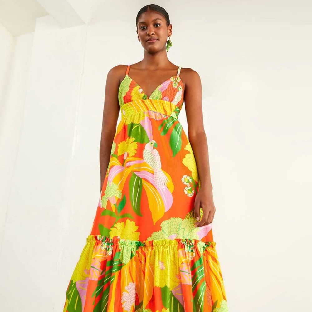 🍍FARM Rio Neon Floral Tiered Cotton Maxi Dress